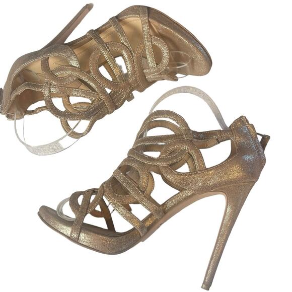 Brian Atwood Tira Special Occasion Metallic Gold Stiletto Sandal Shoes Size 7.5B - Picture 4 of 8